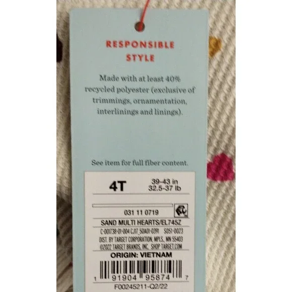 NWT, Cat & Jack Girls 4T Drop-Waist Shirt,  Cream With Mini Colored Hearts - Picture 9 of 9